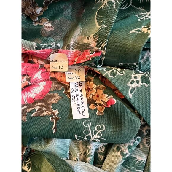 Vintage 60s Green Pink Flower Power Sleeveless Dress W/ Sheer Matching Topper 12 - Picture 10 of 11